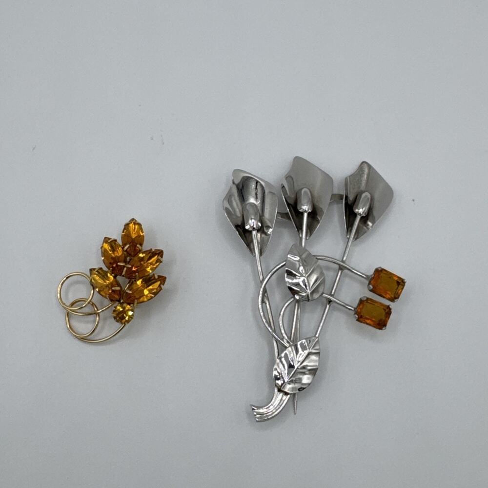 Vintage BroochSterling Silver & Gold Tone Amber Rhinestone Leaf